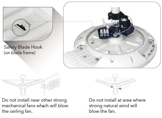 Do not install near other strong mechanical fans which will blow the ceiling fan.